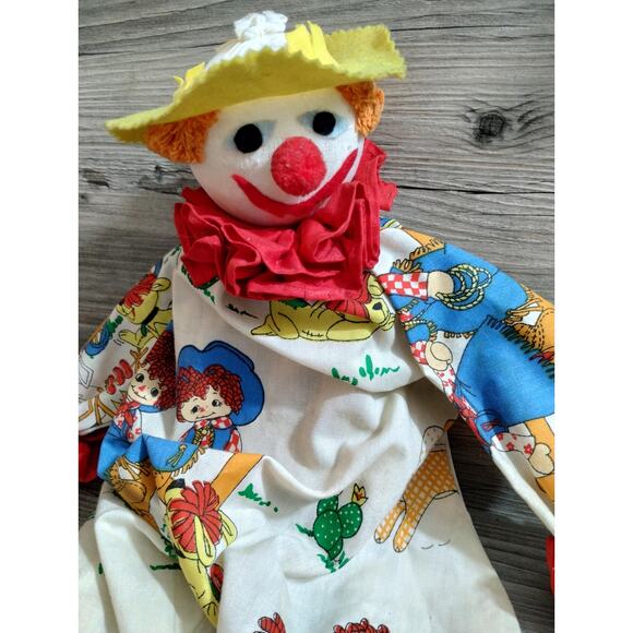 Vtg Clown Big Creepy Shelf Sitter Happy Raggedy & Andy Print Costume Handmade - Picture 2 of 10